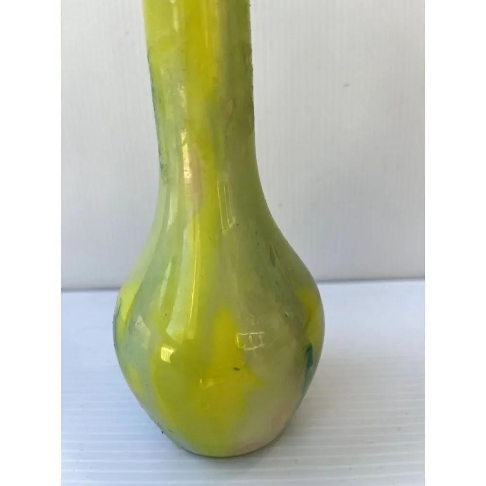 Bud Vase Jack in the Pulpit Vintage Yellow Green Hand Blown Art Glass